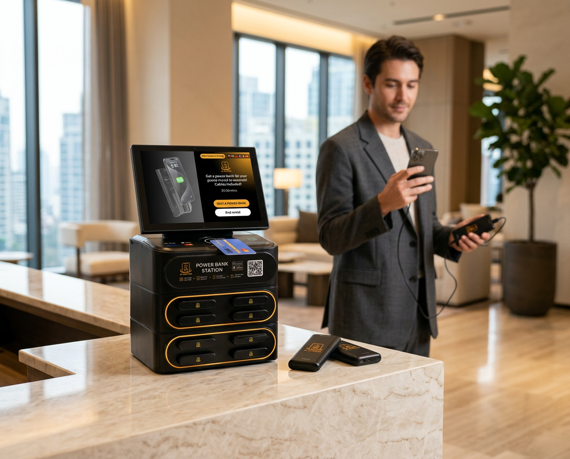 Power Stop charging station on a hotel lobby counter with a guest using a detached portable power bank