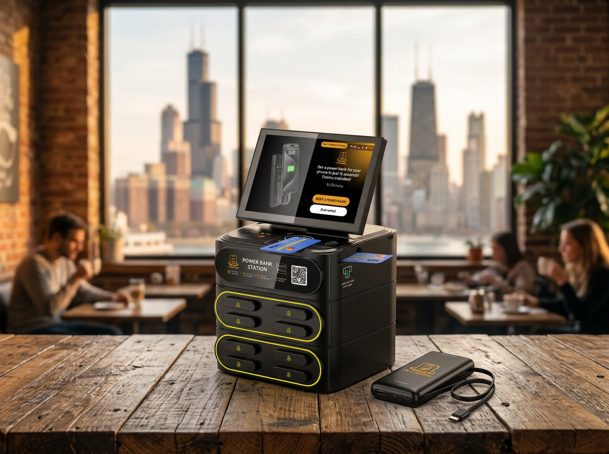 Power Stop charging station in a premium venue with people enjoying the space
